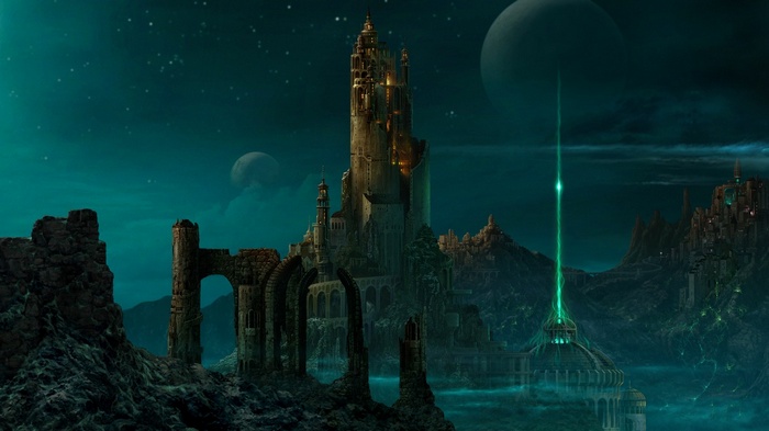 Kazumasa Uchio fantasy art of a dark fantasy castle