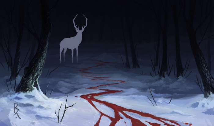 Ghostly deer in a snowy forest with a blood trail