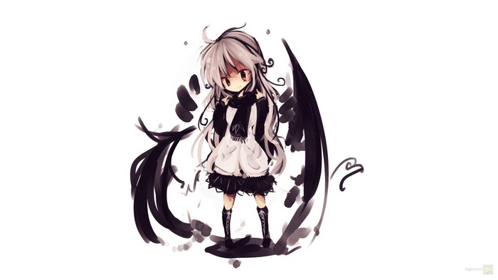 Chibi girl with white hair and black wings