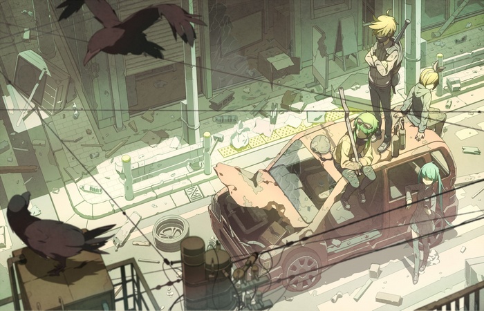 Vocaloid characters on a wrecked car in a post-apocalyptic city