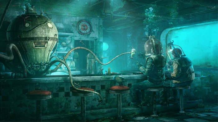 Steampunk underwater diner with divers