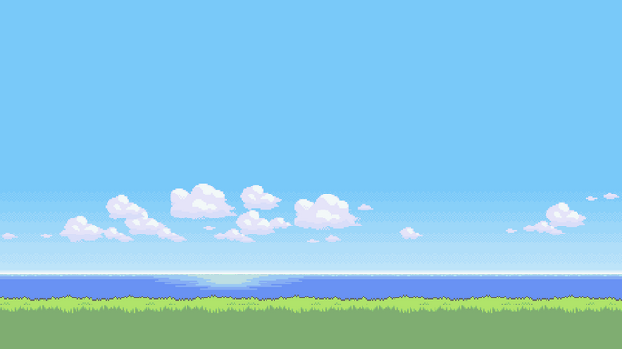 Pixel art landscape with clouds over the ocean