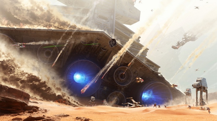 Star Wars battle scene with Star Destroyer and AT-ATs