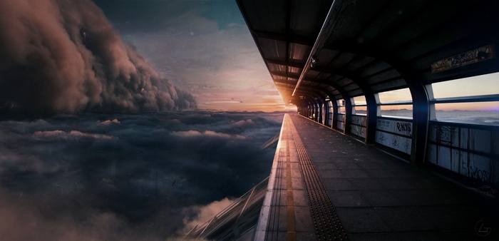 Train station platform above clouds at sunset