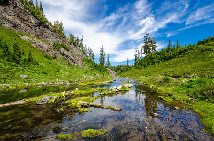 Mountain stream flowing through a green valley under a blue sky