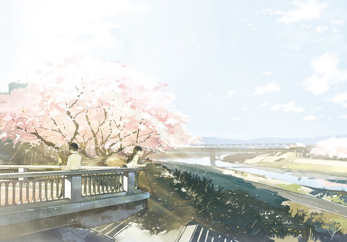 Anime couple by a river under cherry blossoms