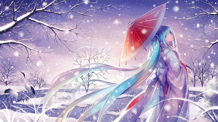 Hatsune Miku in a Kimono with an Umbrella in the Snow