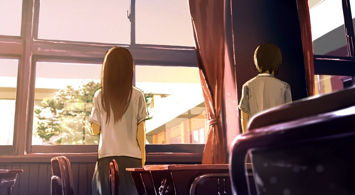Anime students in a classroom by the window