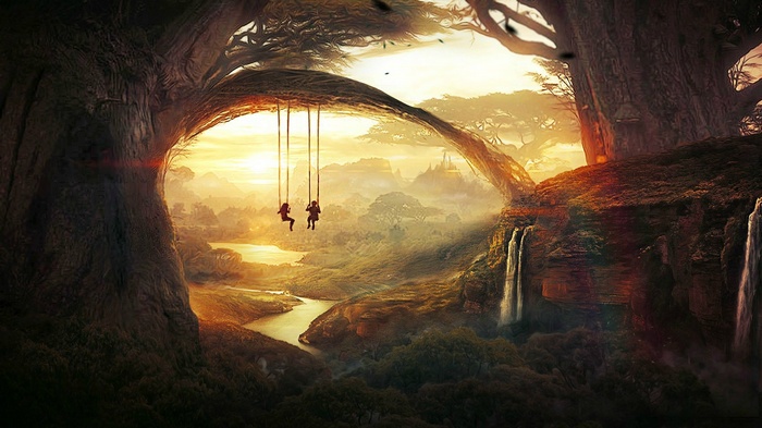 Fantasy art of two people on swings in a magical landscape