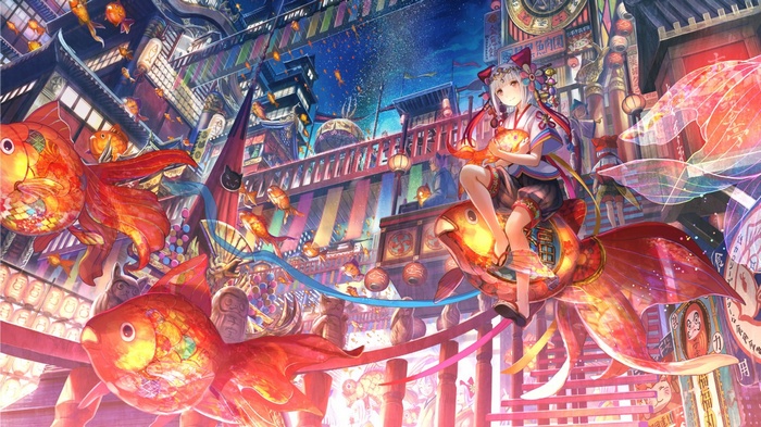 Fuji Choko's Anime Girl with Goldfish in Oriental City