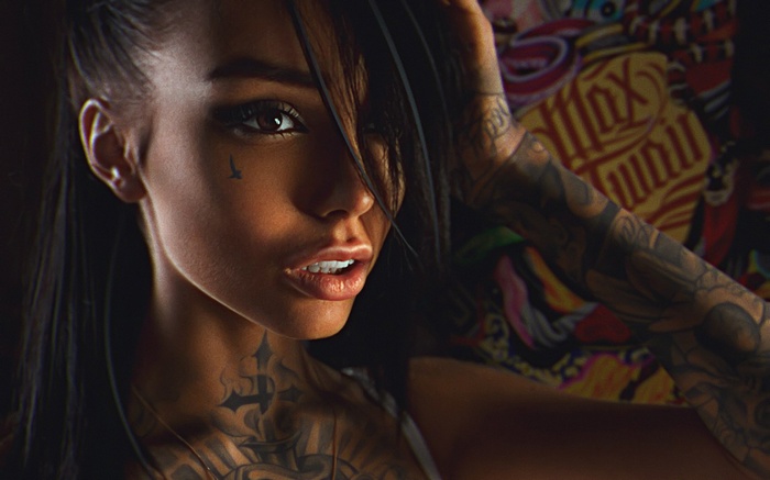 looking away, women, tattoo, brown eyes, open mouth, brunette, face, bare shoulders, tank top, portrait, model, long hair