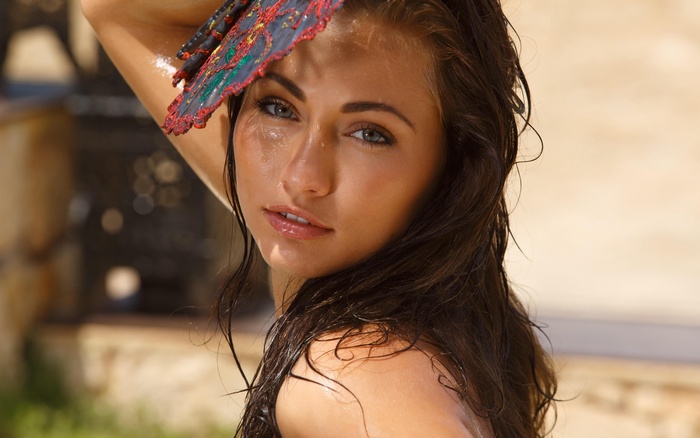 long hair, wet, Michaela Isizzu, water drops, wet hair, sunlight, women, women outdoors, brunette, model, portrait, looking at viewer, open mouth, blue eyes, face, depth of field, shadow, bare shoulders