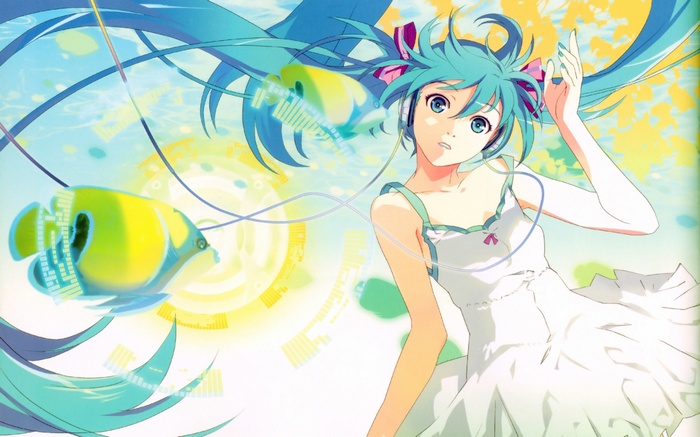 Hatsune Miku with a yellow fish and headphones