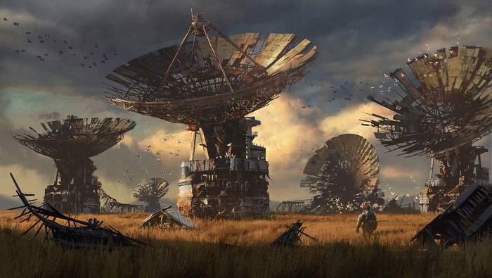 Apocalyptic satellite artwork with a lone figure