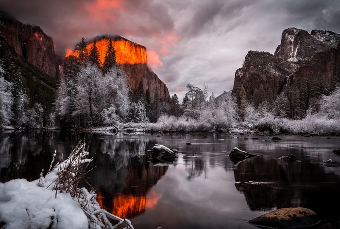 Yosemite National Park in winter with sunset glow