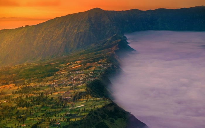 Cemoro Lawang village on Mount Bromo, Indonesia at sunset