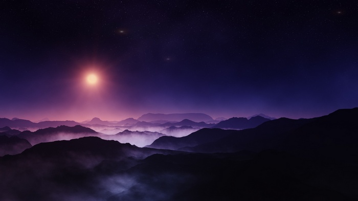 Starry night over misty mountains with a bright sun