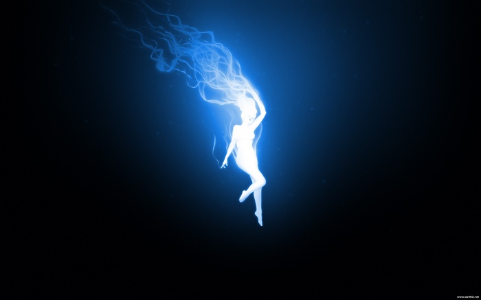 A glowing blue fairy with flowing hair