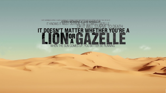Lion and Gazelle Quote Over Desert Landscape
