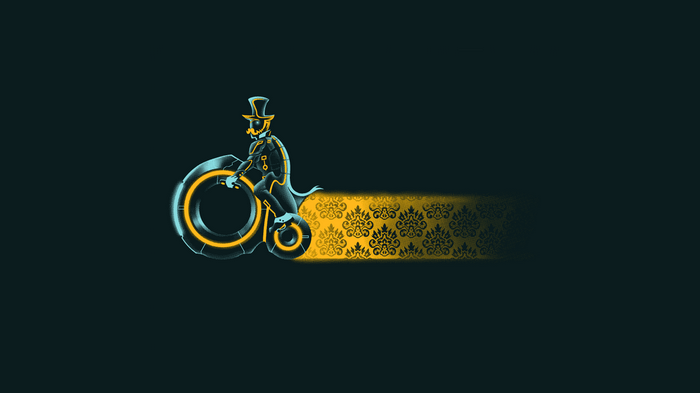 Steampunk character on a Tron Light Cycle with damask pattern