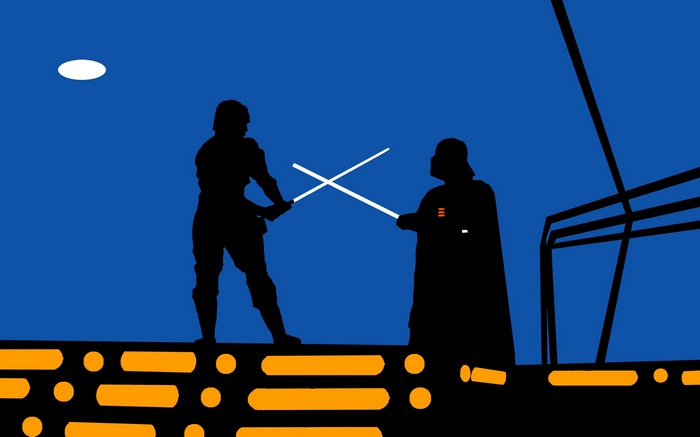 Luke Skywalker and Darth Vader duel with lightsabers
