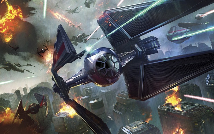 Star Wars battle between X-wings and TIE Interceptors over a city