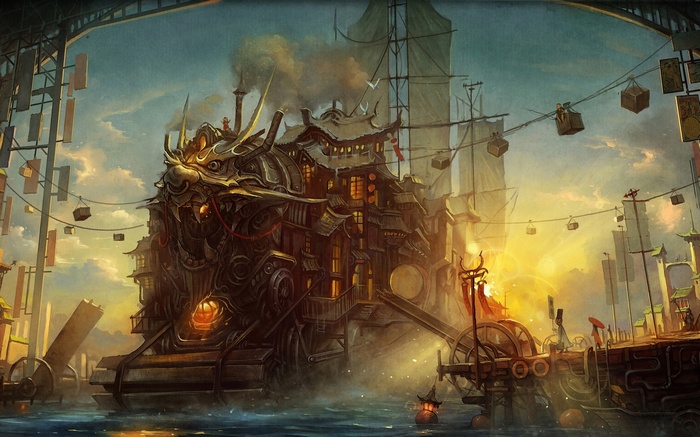 Steampunk dragon ship in a harbor at sunset