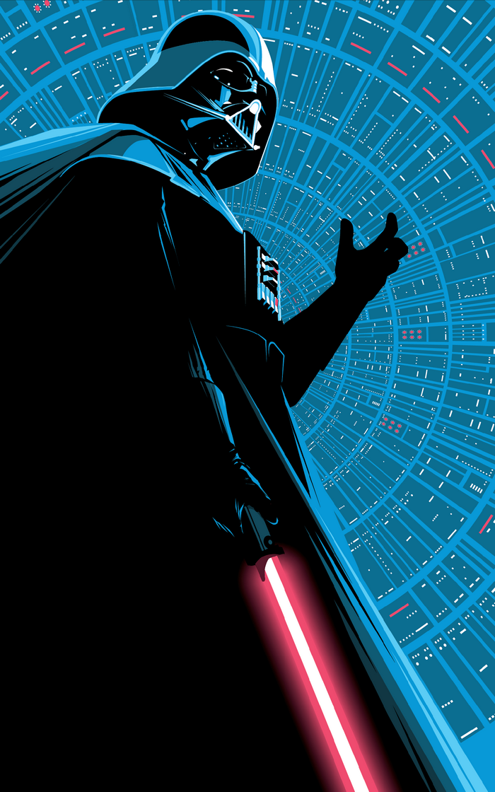 Darth Vader with red lightsaber against a blue background