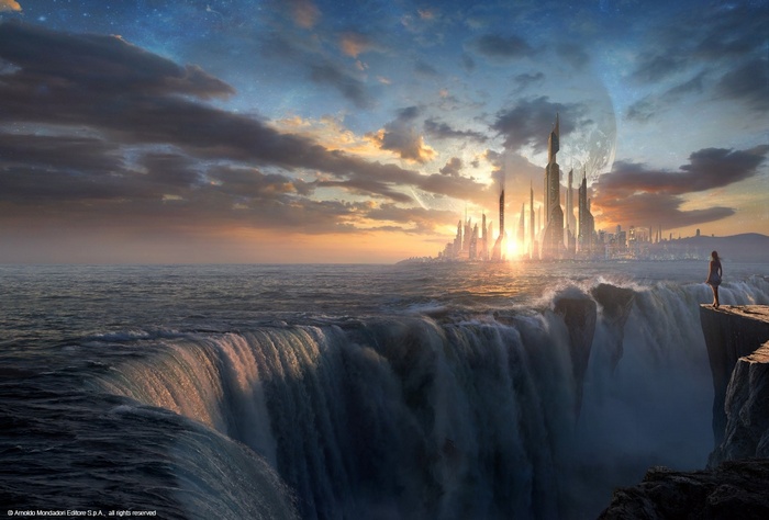 Futuristic city at sunset with a waterfall
