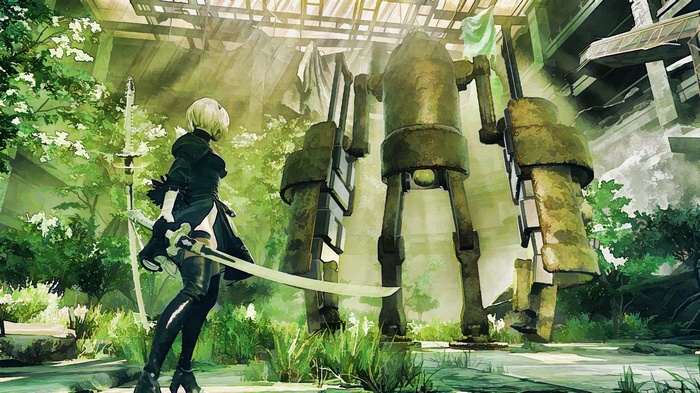 2B and a large robot in Nier: Automata