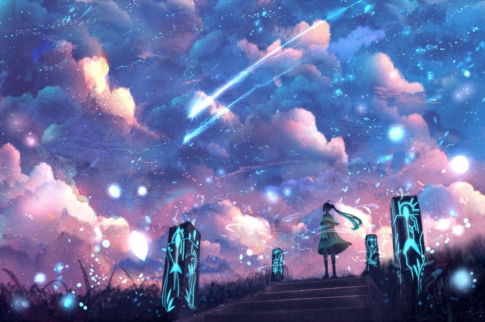 Hatsune Miku standing on stairs under a starry sky