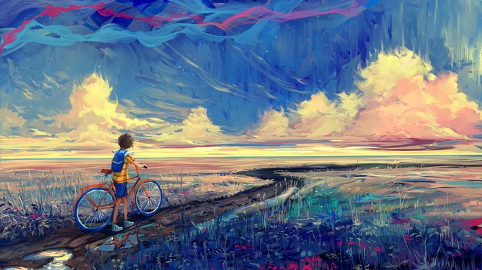 Boy with bicycle on a path in a fantasy landscape