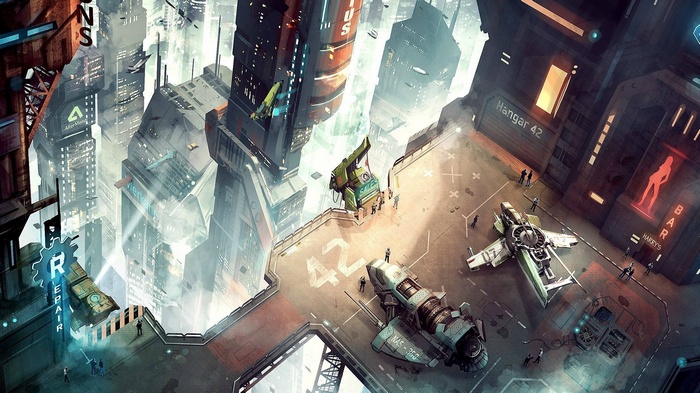 Star Citizen Hangar 42 with spaceships and futuristic city
