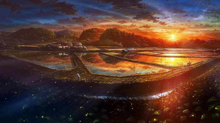 Anime sunset over rice fields with fireflies