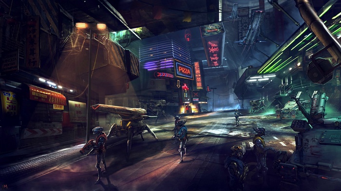 Robots and aliens in a futuristic city street