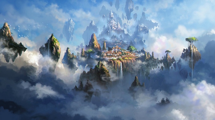 Fantasy floating islands with a city in the clouds