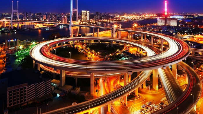 Nanpu Bridge traffic at night in Shanghai
