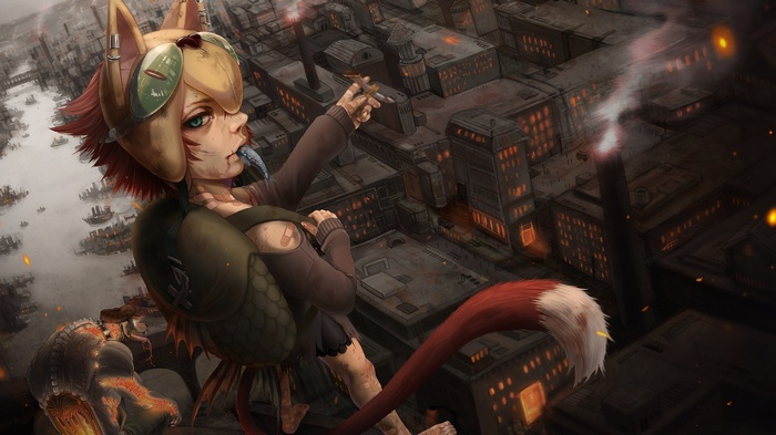 Anime fox girl overlooking a steampunk city