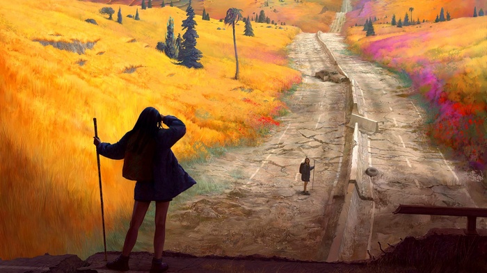 Artwork of women walking on an abandoned road