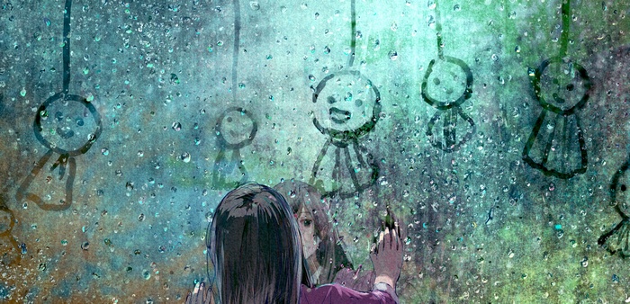 Girl looking through a rainy window with drawings