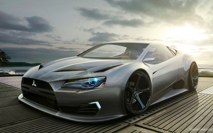 Silver Mitsubishi Concept Car on a Boardwalk