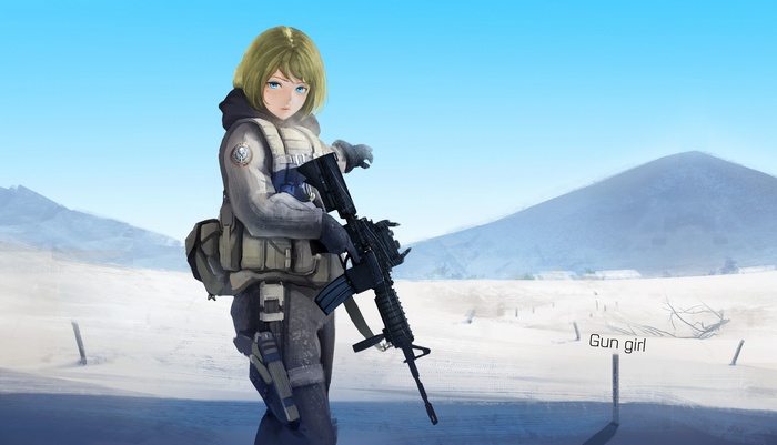 Anime girl with M4A1 rifle in snowy landscape