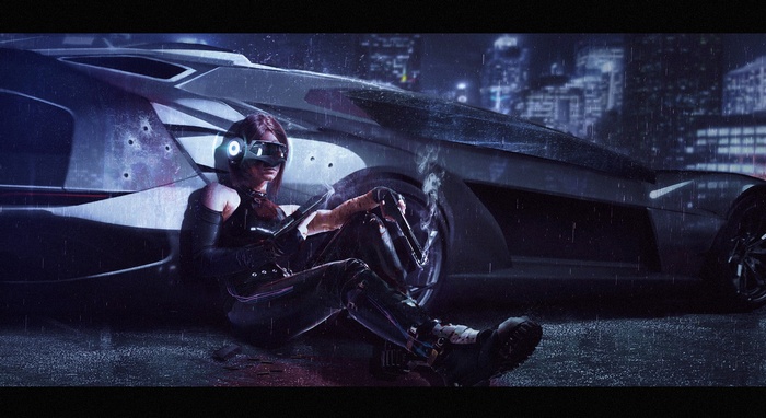 Woman with futuristic car in the rain