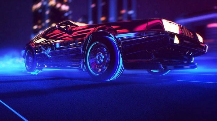 DeLorean car in neon lights on a city street