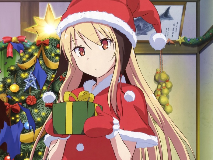 Shiina Mashiro in a Santa outfit holding a gift