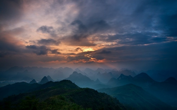 Guilin Mountains Landscape at Sunrise with Clouds