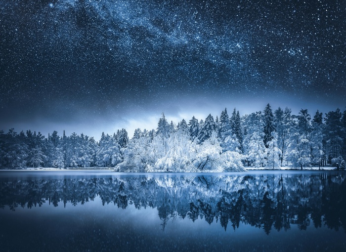 Snowy forest and Milky Way over a lake in Finland