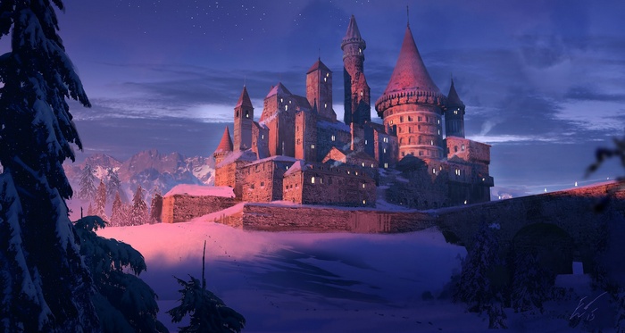 Fantasy castle in a snowy landscape at dusk