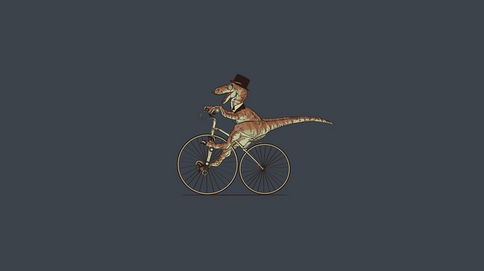 Dinosaur riding a bicycle with a top hat