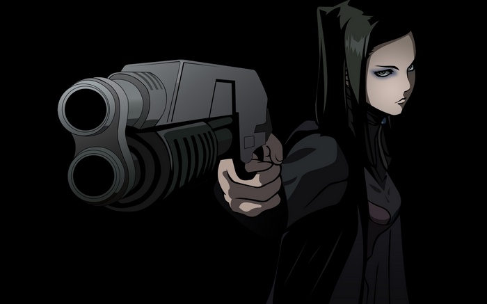 Re-l Mayer holding a shotgun